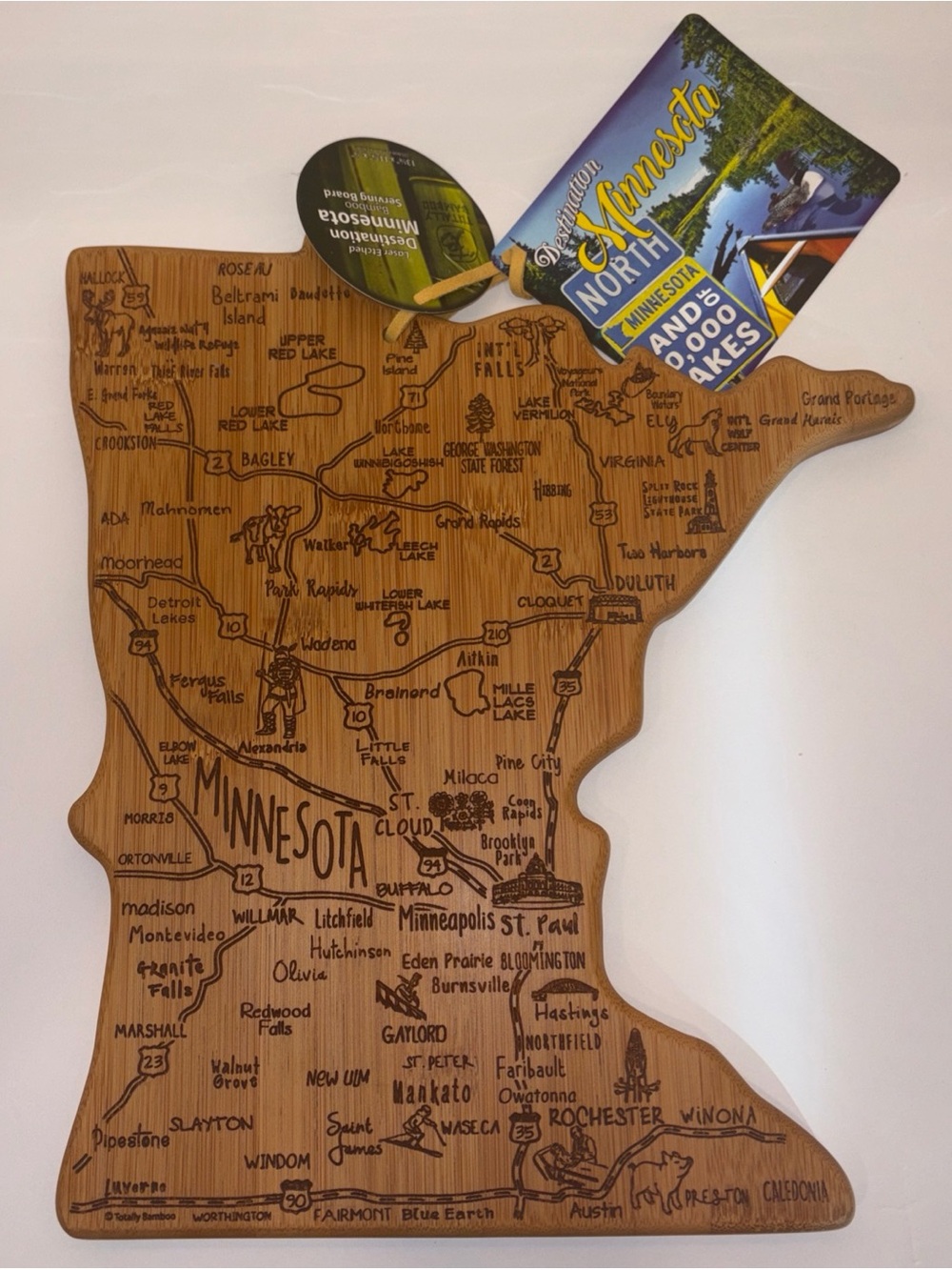Minnesota State Bamboo Map Cutting/Serving Board - Natural Wood